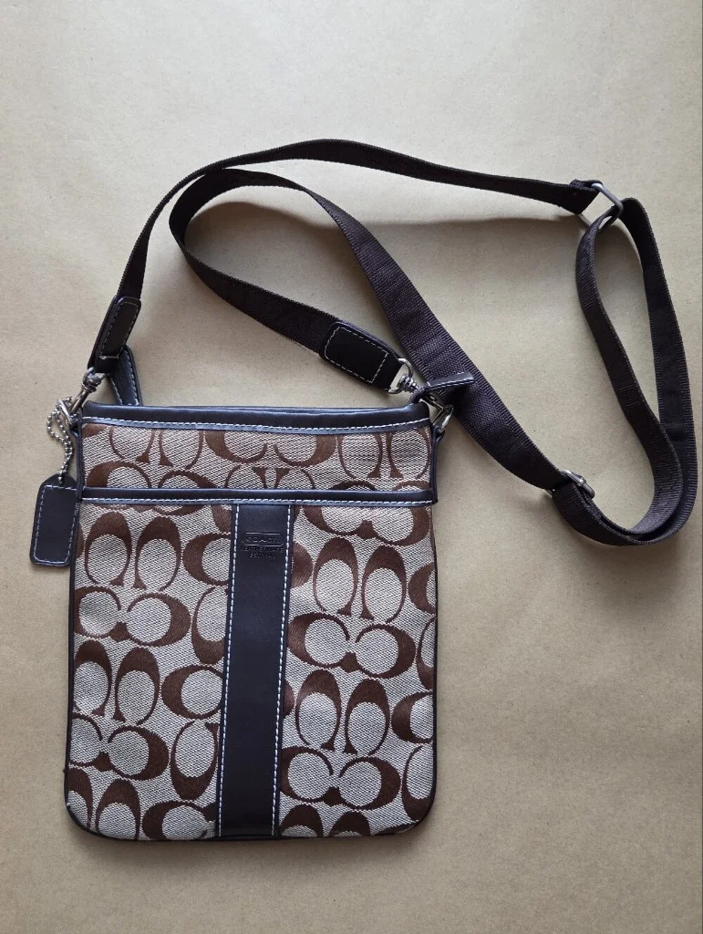 Vintage COACH Signature Stripe Swingpack Crossbody Bag In Brown